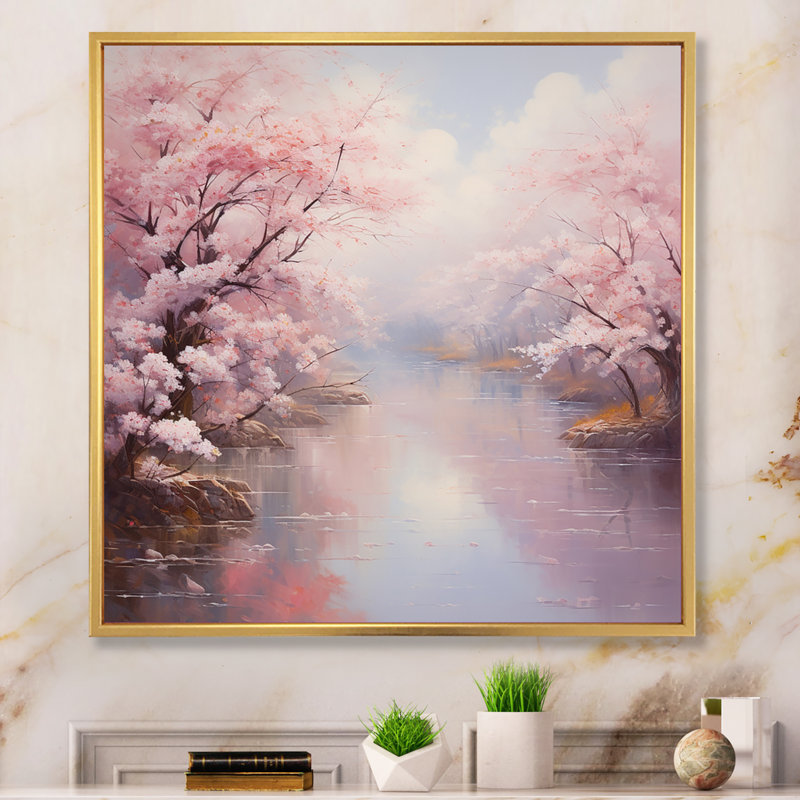 Pink Cherry Blossom Romantic Impression IV - Cherry Blossom Canvas Wall Art, Cadre flottant doré, H 16 po x l 16 po x P 1 po