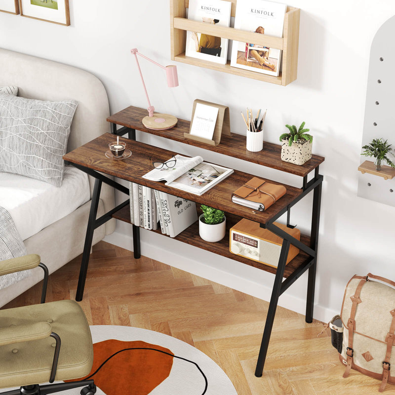 Bureau personnel avec support pour moniteur, tablette ouverte et structure en métal, crochet pour écouteurs, Brun