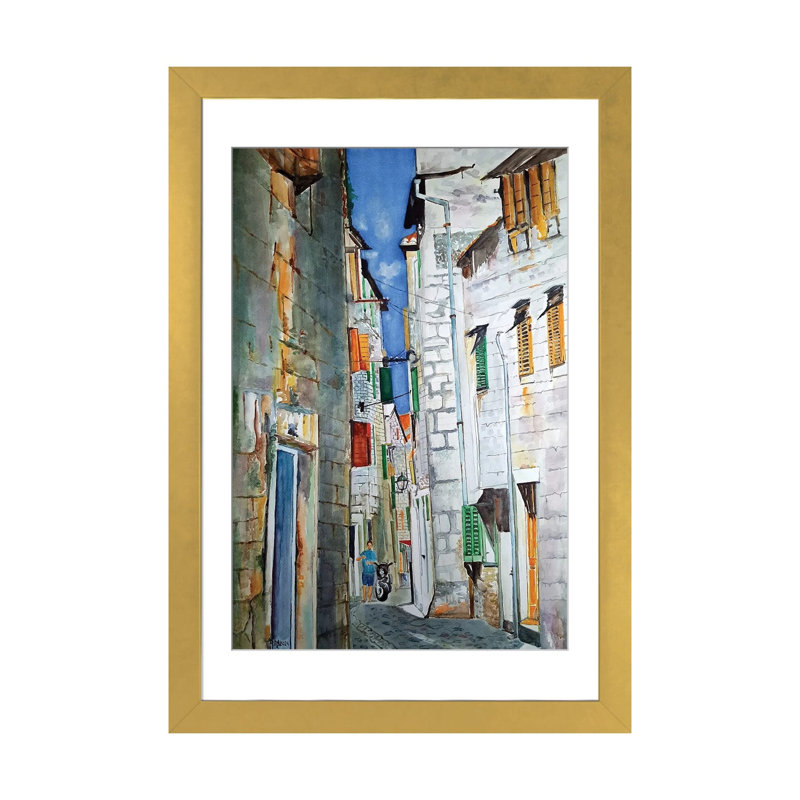 Reproduction d'art méditerranéen, art mural encadré, 24" x 16", Papier encadré, Gold