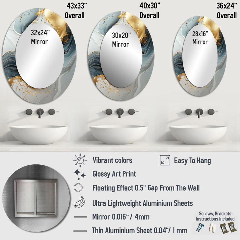 Marble And Liquid Ink Silent River II - Gold Oval Wall Mirror Decor, 36" x 24"