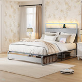 Size Bed Frame With Headboard, Metal Platform Bed Frame With Charging Station, Heavy Duty Platform Bed Frame With LED, Easy Assembly