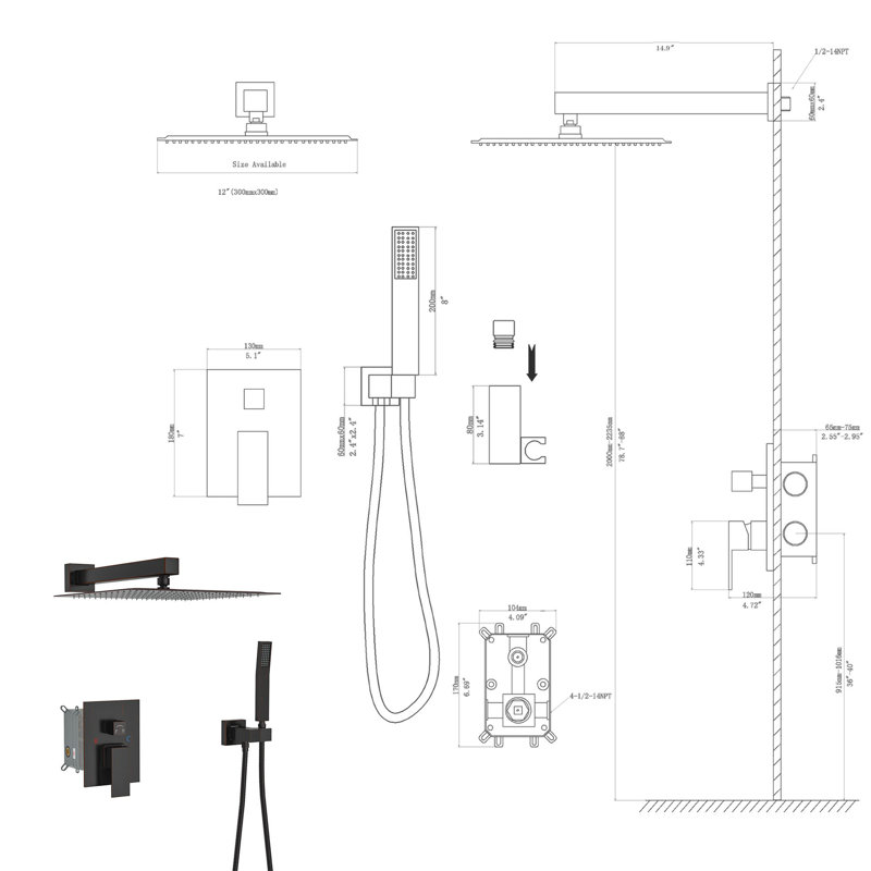 12 Inch Oil Rubber Bronze Shower With Dual Heads - Wall Mounted Square Head Mount, Oil Rubber Bronze