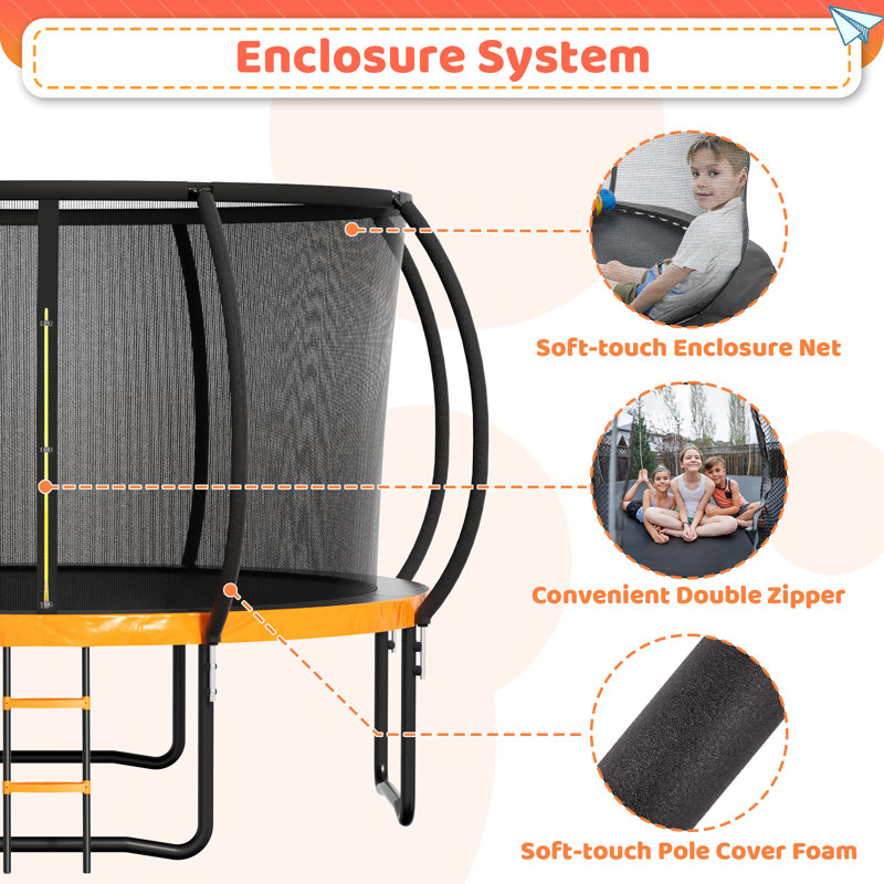12 FT Black and Orange Outdoor Trampoline with Safety Enclosure and Ladder