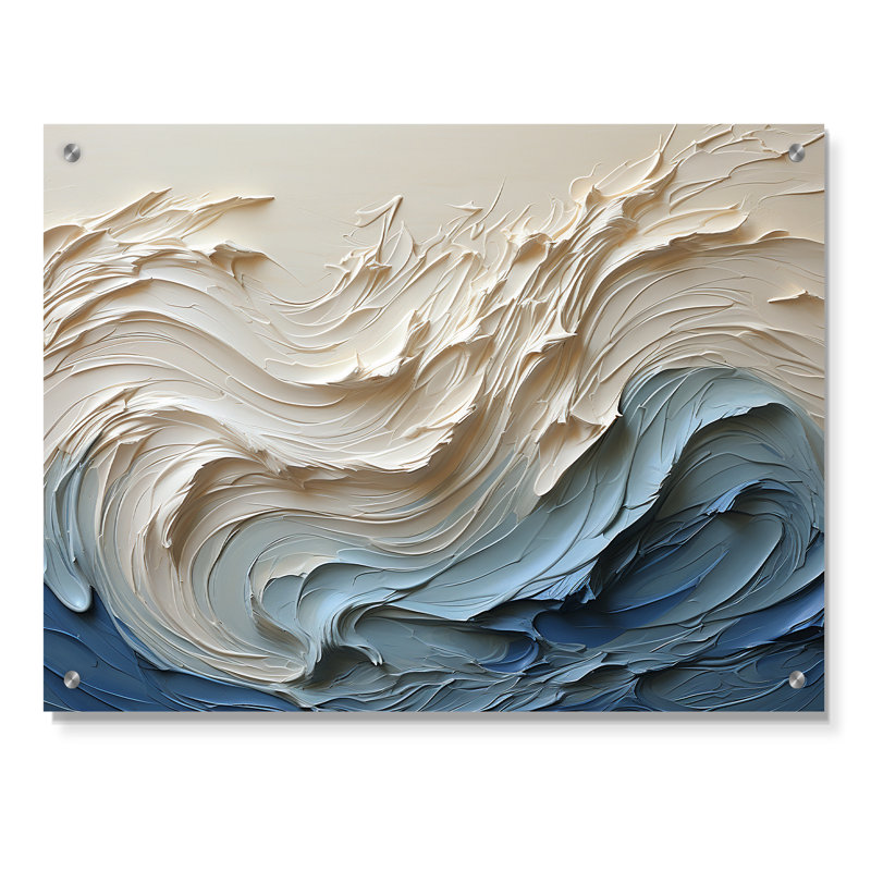 Art mural en acrylique blanc et bleu Wave - Style côtier vagues pour le salon, H 12 po x l 20 po