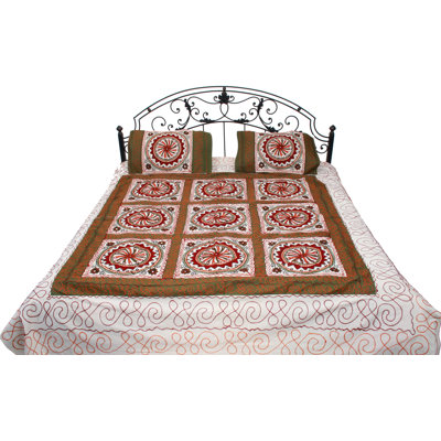 Couvre-lit ivoire guarati miroir - Ensemble de courtepointe florale brodée à la main 100% coton avec housses de coussin - Literie de mariage bohémien