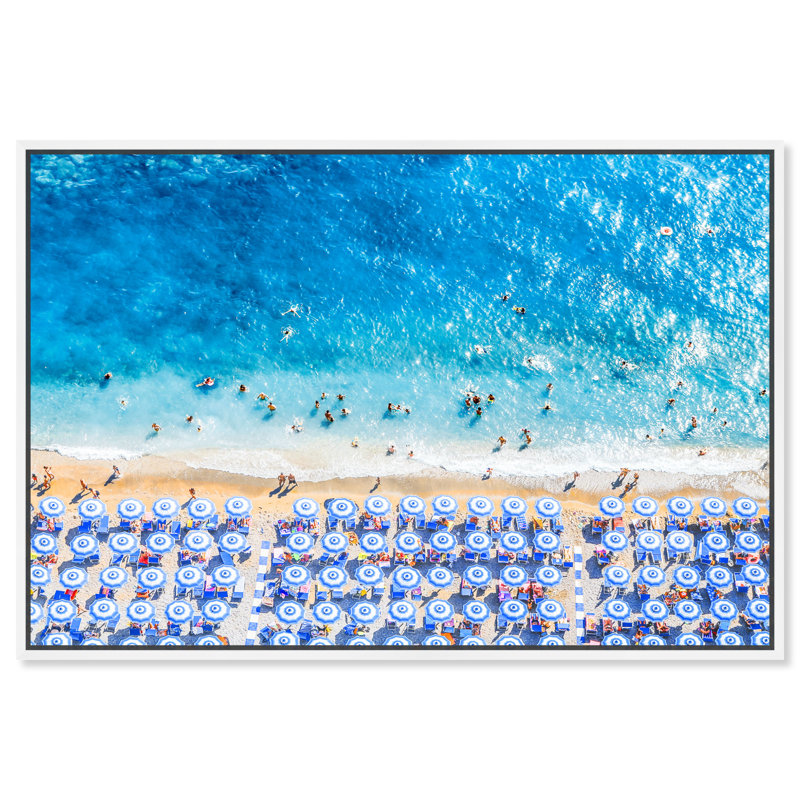 Parapluies de plage, paradis nautique et côtier - bleu - impression, Toile blanche encadrée, Noir, H 16 po x l 24 po