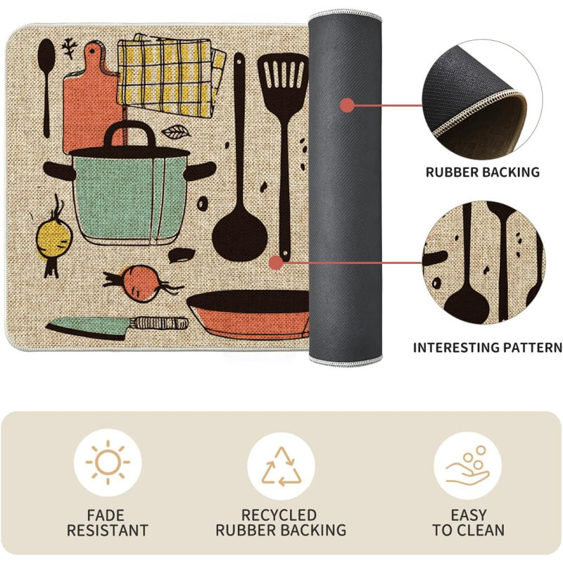 Beige Polyester and Rubber Kitchen Mats Set with Colorful Cooking Utensils Design