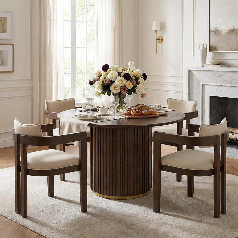 Logan 5-Piece Round Pedestal Dining Table Set With Upholstered Chairs, Walnut