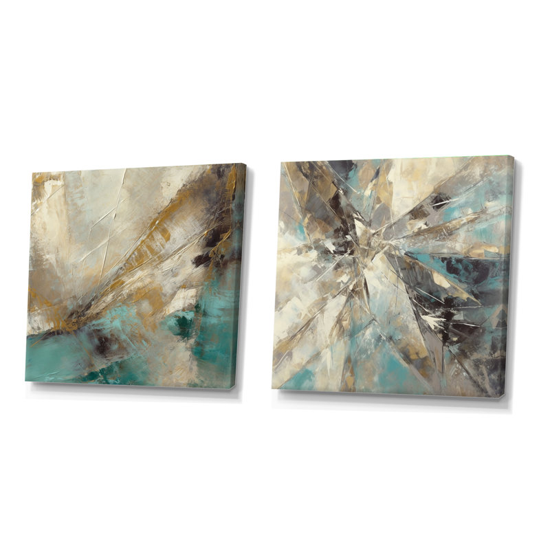 Formes beiges et vertes en peinture - ensemble de 2 peintures carrées abstraites, Toile tendue, H 30 po x l 61 po