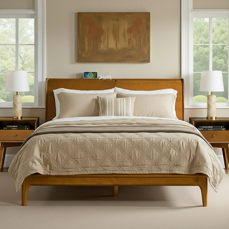 Johannes Mid-Century Modern Platform Bed With Storage Headboard And USB Ports, Queen
