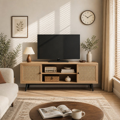 Meuble télé de 55 po, meuble télé de style Mid-Century moderne (convient aux téléviseurs de 55/65 po), centre de divertissement avec rangement, console multimédia pour le salon et la chambre à coucher, couleur chêne