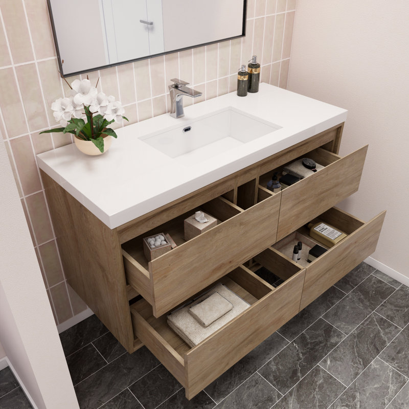 Azden 48" Wall-Mounted Single Bathroom Vanity Set, White Oak