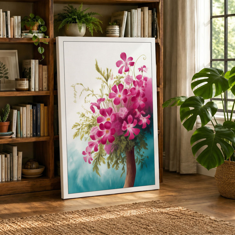Magenta Blooms Botanical 1 Piece Wrapped Canvas Wall Art, 18x12 - 45.7 x 30.5 cm, Teal Border