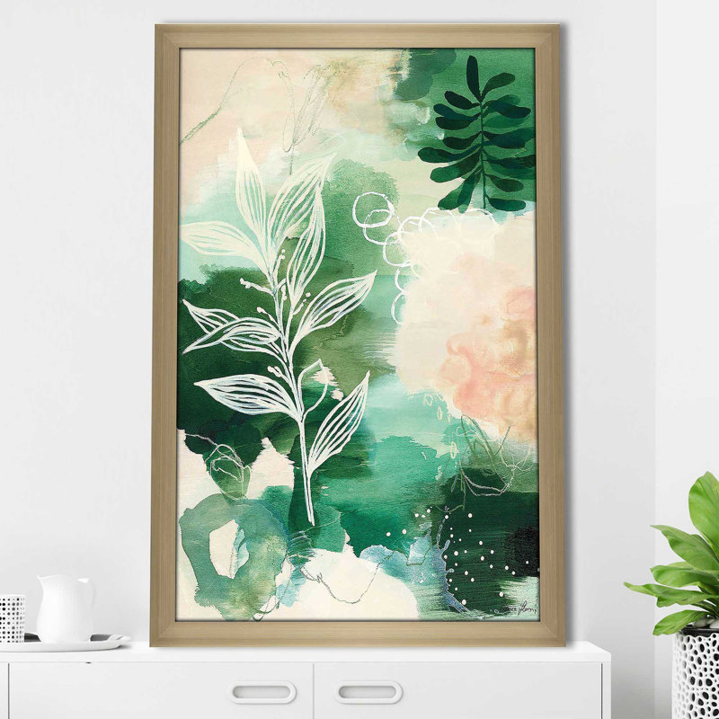 «Nature Story I» par Laura Horn - Peinture, H 49,5 po x l 33,5 po x P 1 po, Encadrement champagne