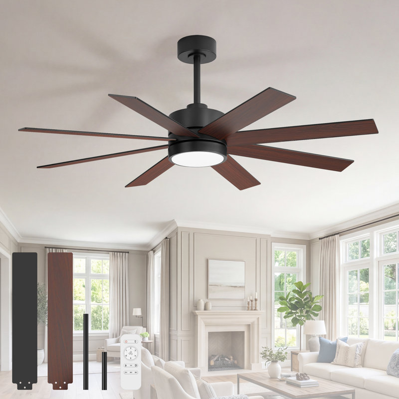 52'' 8-blade Ceiling Fan With Light And Remote, Dimmable 3 Cct, Quiet Reversible Dc Motor, 6 Speeds, Black/walnut Blades