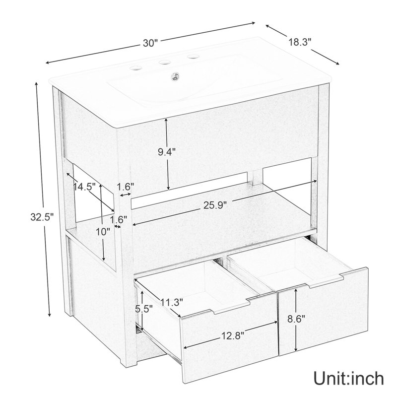 Natural Wood 30" Bathroom Vanity Cabinet with Ceramic Sink
