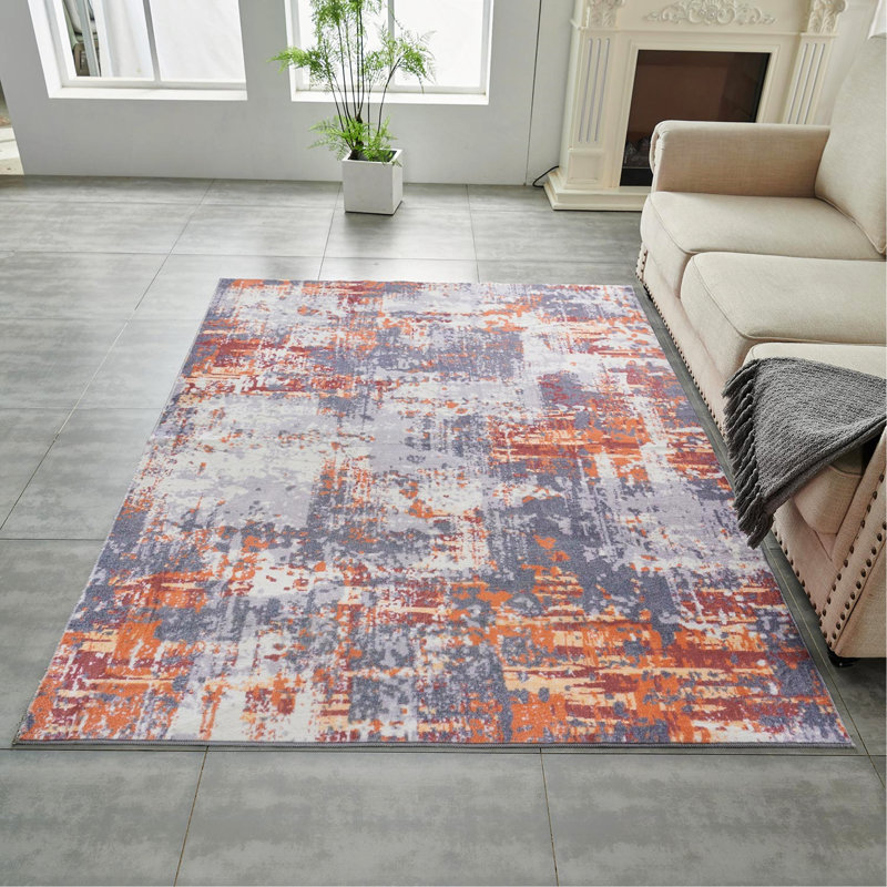Tapis gris et rouille à motif abstrait lavable à la machine, Rectangulaire 2 pi x 3 pi