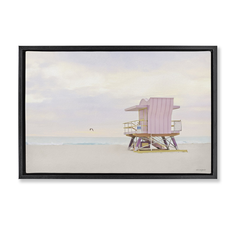 Cadre flottant Pink Paradise Beach, design par Seven Trees Design, Cadre flottant noir de jais, H 17 po x l 25 po