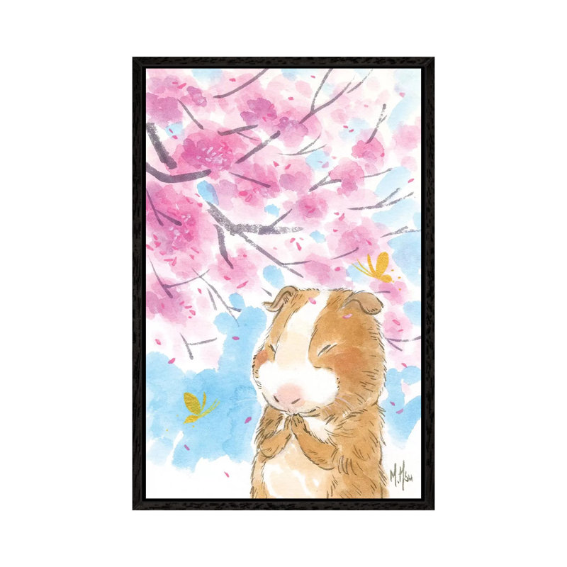 Cherry Blossom Guinea Pig by Martin Hsu - Painting on Canvas, Black Framed, 66.04 cm H x 45.72 cm W