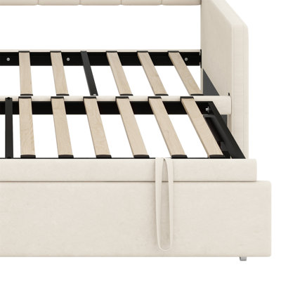 Upholstered Daybed With Adjustable Height Pop Up Trundle Bed And USB & Type-C Charging Port, Day Bed Frame With 2 Side Pockets