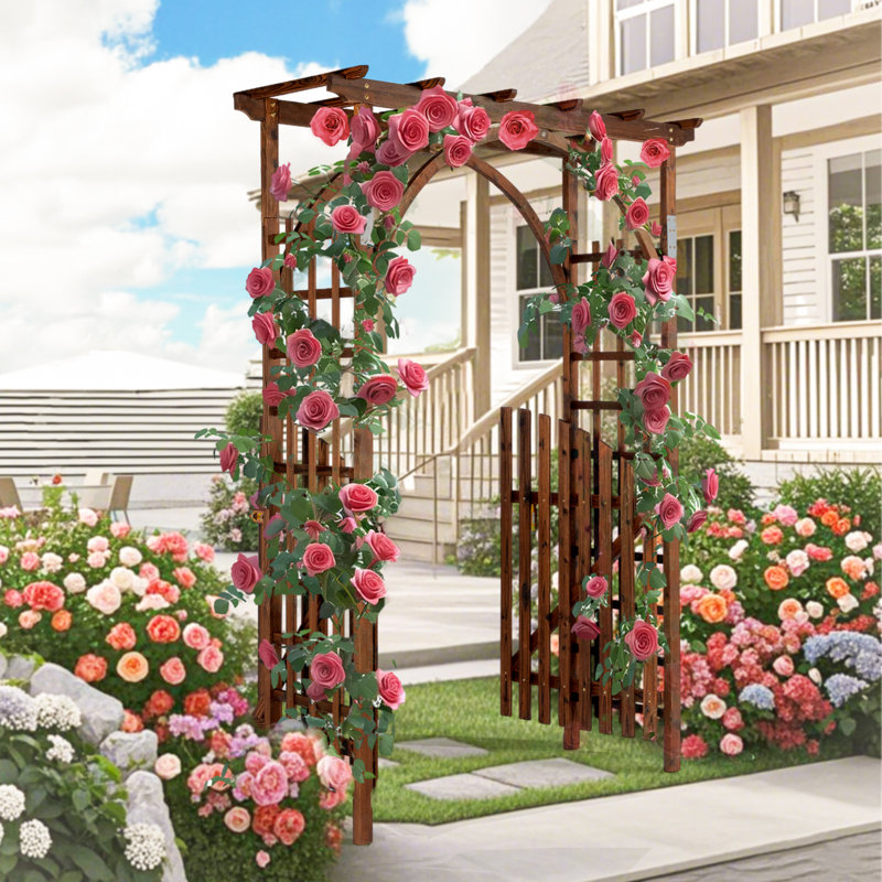 7FT Wood Garden Arbour With Door, Tan