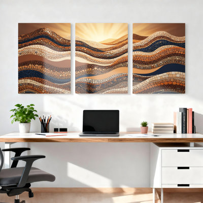 Abstract Mosaic Waves Sunset Canvas Wrapped Wall Art Oil Painting Print Set Of 3