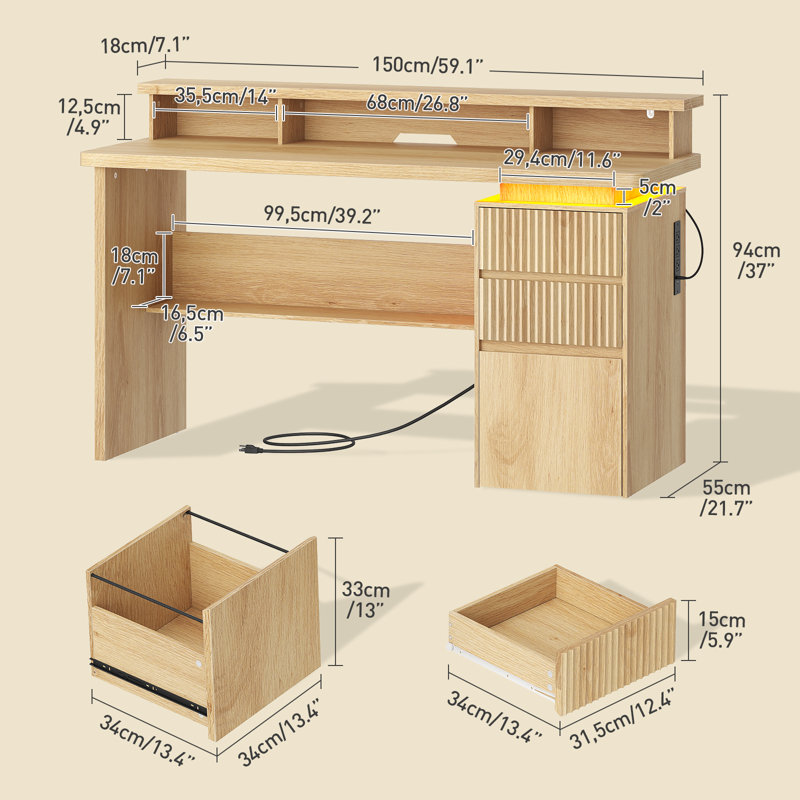 59" Executive Desk with Fluted Drawers, Power Outlet & LED Lights – Modern Home Office Computer Desk with Monitor Stand and File Storage