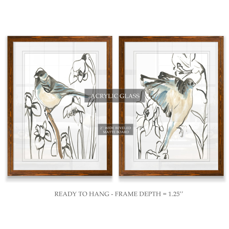 Songbird Meadow - ensemble de 2 peintures encadrées, H 20 po x l 16 po, Impression encadrée avec passe-partout, Espresso