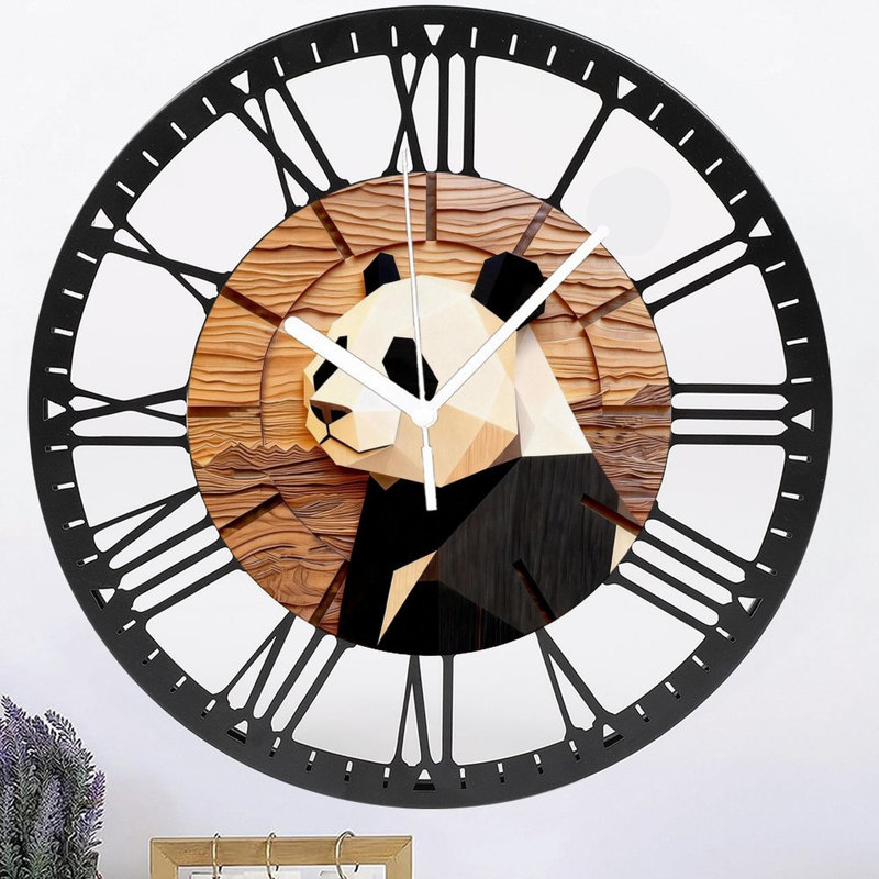 Horloge murale ronde en fer 10 po avec mouvement à quartz silencieux, chiffres romains, impression UV, Panda