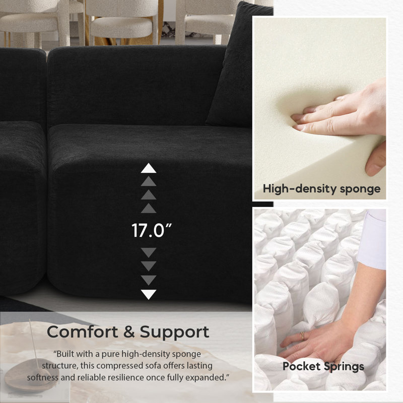 Chenille Modern 3-Seater Curved Sectional Sofa, 2-Piece Symmetrical Design With Sponge & Pocket Spring Support, No Assembly Required