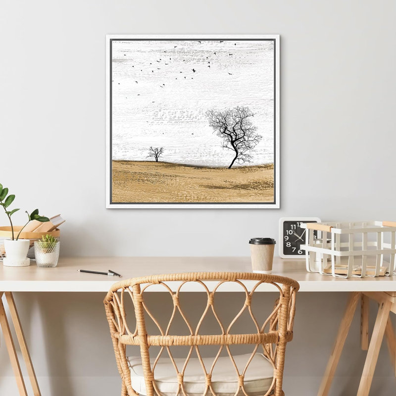 Birds Fly Over Brown Field with Tree Animals WildLife, reproduction d'art moderne sur toile, Blanc, H 16 po x l 16 po
