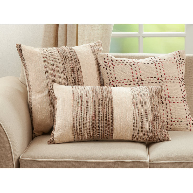 Banded Beige and Brown Cotton Square Throw Pillow