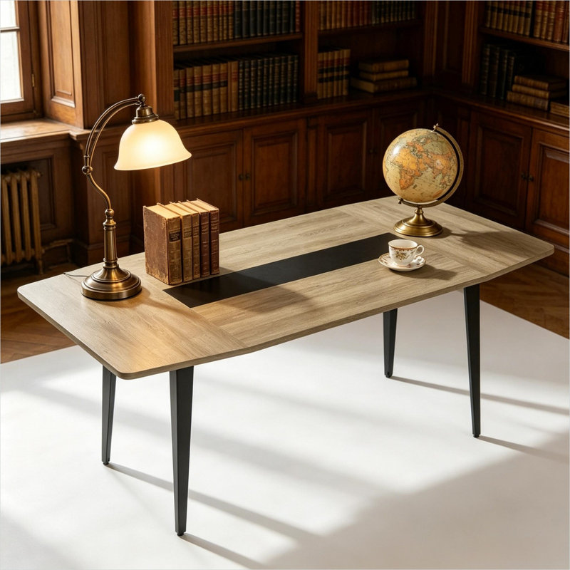 Bureau rectangulaire en acier brun avec système de gestion des câbles et entièrement assemblé - 114 cm (L) x 47 cm (l) x 18,5 cm (H)