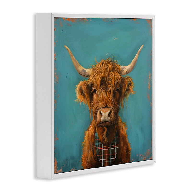 Vache Highland sur giclée bleue par LSR Design Studio, H 17 po x l 17 po, Estampe numérique encadrée blanc bord de mer