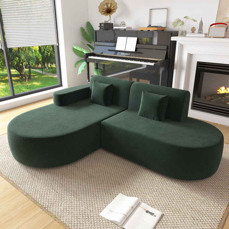 No Assembly Required Corner Sofa, L-Shape Sectional Sofa With 2 Pillows, Green