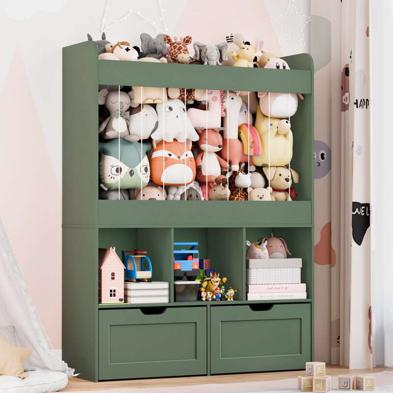 Boîte de rangement pour jouets de 51,7 po de hauteur, rangement pour animaux en peluche de grande capacité avec 2 tiroirs de rangement mobiles, 3 cubes de rangement, bibliothèque pour chambre d'enfant, salle de jeux (vert)