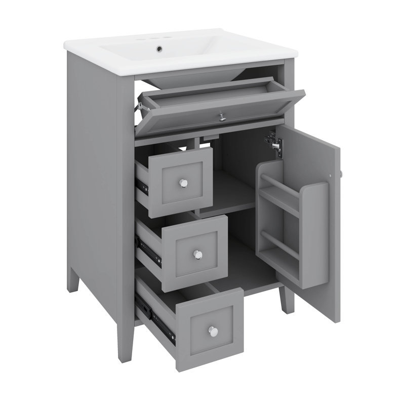 Meuble-lavabo 24 po avec lavabo, 1 tiroir rabattable et 2 tiroirs, tablette réglable, Gris, Argent argent