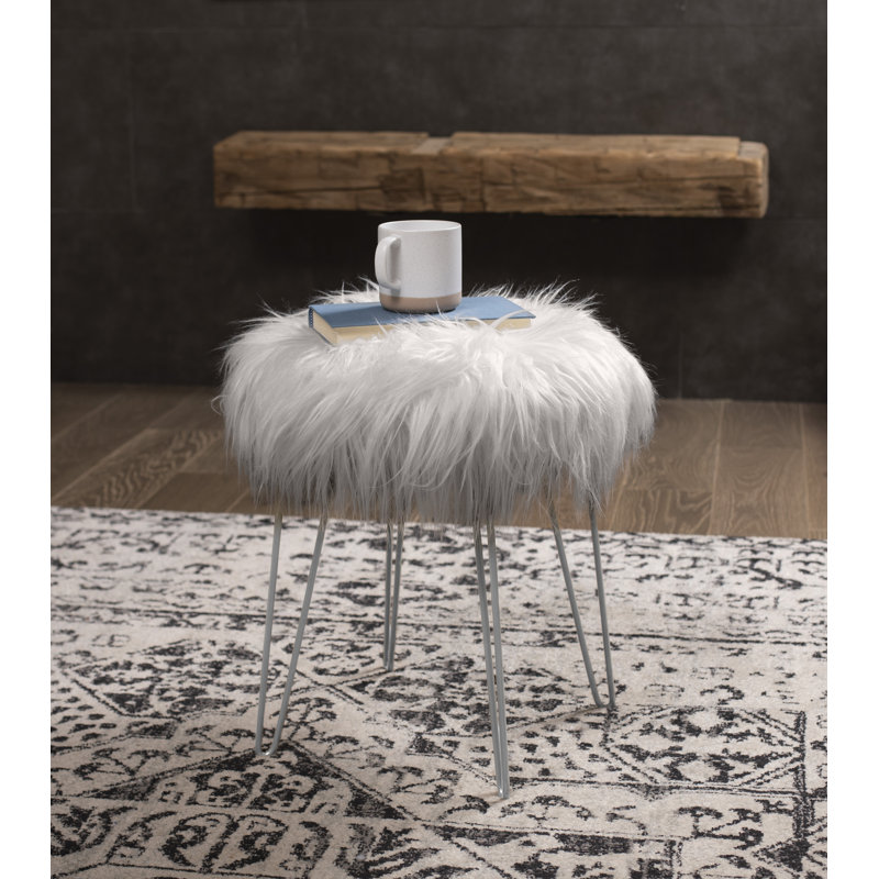 BirdRock Home 16.9" Round Faux Fur Foot Stool Ottoman - Gray/Silver, Sliver, Gray Faux Fur