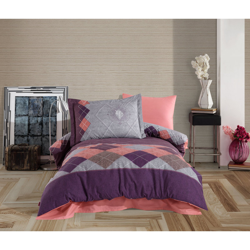 Ensemble de housse de couette 100% popeline de coton, taille simple, rose, mauve, gris et saumon | Housse de couette 63,0 po x 86,6 po, drap plat 63,0 po x 94,5 po, taie d'oreiller 19,7 po x 27,6 po | Lavable à la machine, 152 fils, fermeture à boutons pour couette et taie d'oreiller