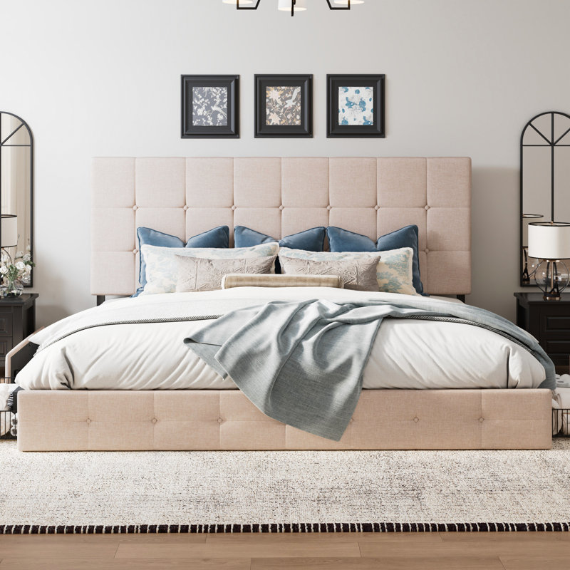 Silvester Modern Upholstered Platform Storage Bed with Wooden Slats, no box spring needed, Beige Block Square Polyester, Full