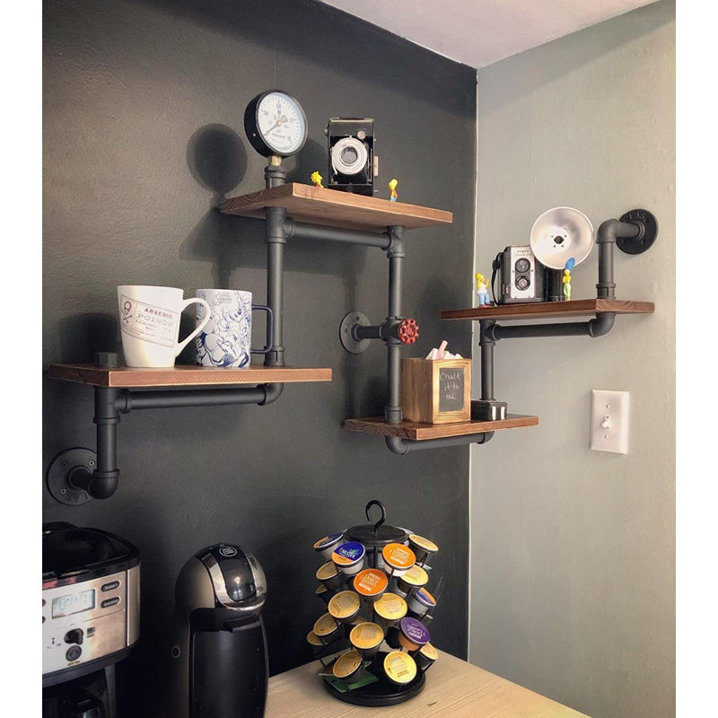Brown Industrial Rustic Wood Ladder Pipe Wall Shelf