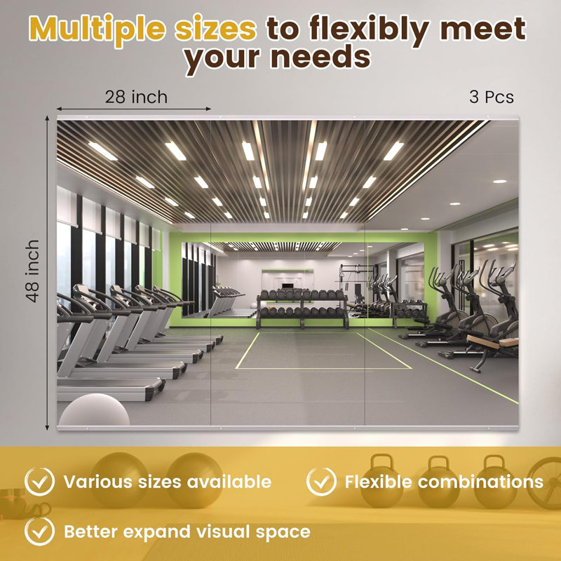 Full-Length Frameless Tempered Glass Yoga Mirrors with Mounting Kit for Home Gym, Yoga & Dance Studio, Set of 2/3, 48" x 28"