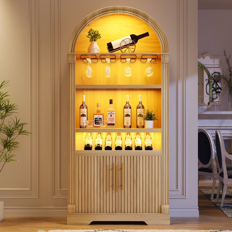 180cm H Freestanding Arch Wine Cabinets with Wine Glass Holder and Wine Rack, Bar Liquor Cabinets with Led Light & Motion Sensor