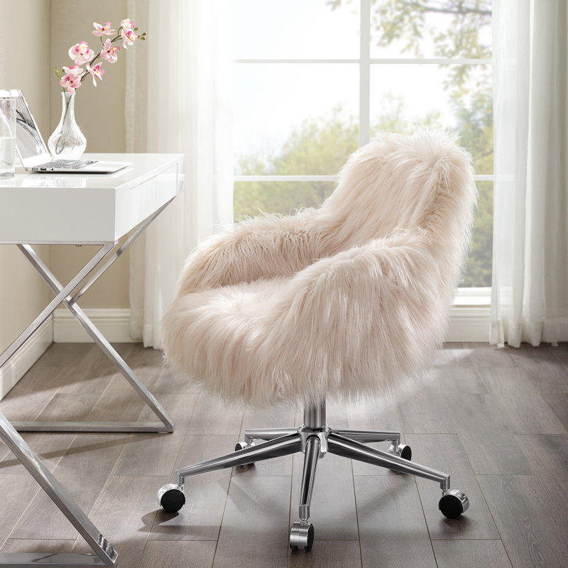 Liyan Contemporary Faux Fur Task Chair With Chrome Base and Casters, Pink