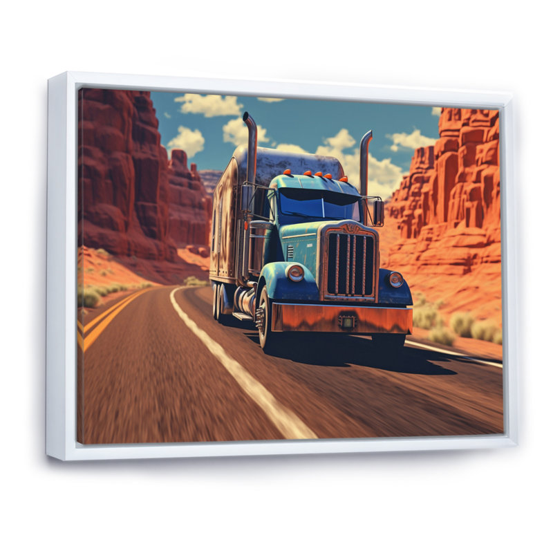 Semi Tractor - Transport, reproduction d'art sur toile, H 12 po x l 20 po x P 1 po, Cadre flottant blanc