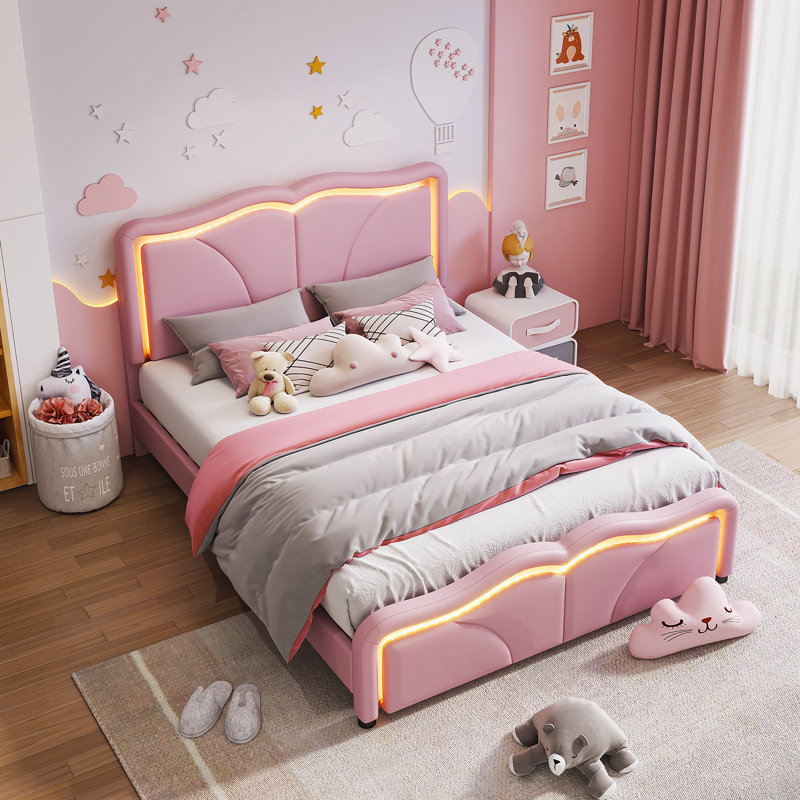Lit plateforme tapissier avec tête de lit à hauteur ajustable et bandes lumineuses à DEL, Double, Rose