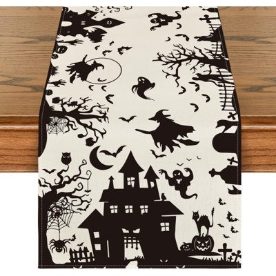 210 GSM Halloween Table Runner 13x108 Inch Home Party Decor | Black White Spooky Haunted House Tree Ghost Witch, Seasonal Kitchen Dining Table Decoration