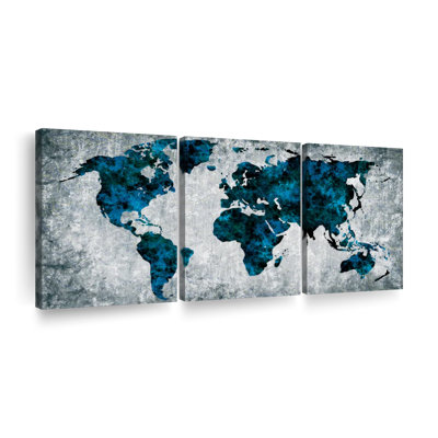 " Dark Blue Blend World Map Multi Piece Canvas Print " 3 - Pieces