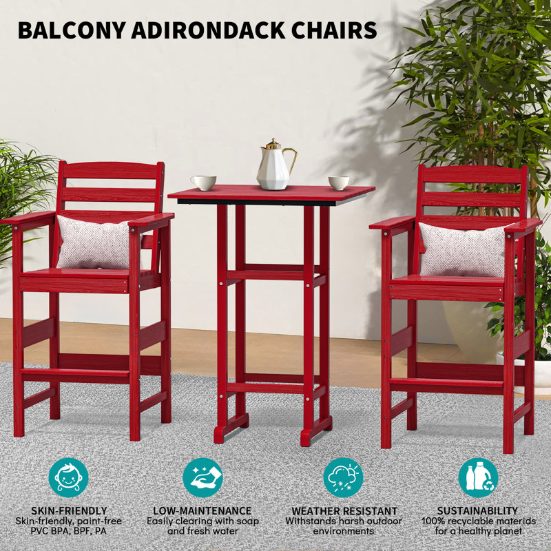 3-Piece HDPE Bar Set – All-Weather Patio Bistro Table & 2 Tall Bar Chairs, Fade-Resistant Outdoor Furniture For Balcony, Deck, Backyard, Or Poolside