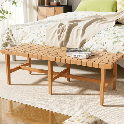 Banc pratique en bois avec similicuir tissé pour la chambre à coucher, qui ajoute de l'utilité - profondeur de 54,06 po, largeur de 16,22 po, siège de chambre à coucher élégant de 17,51 po, repose-pieds, hauteur de la pièce décorative, poids de 18,92 lb